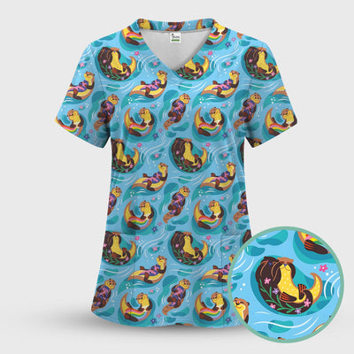 Otter Floating River Rainbow Pattern Scrub Top, Comfortable Scrubs for Nurses