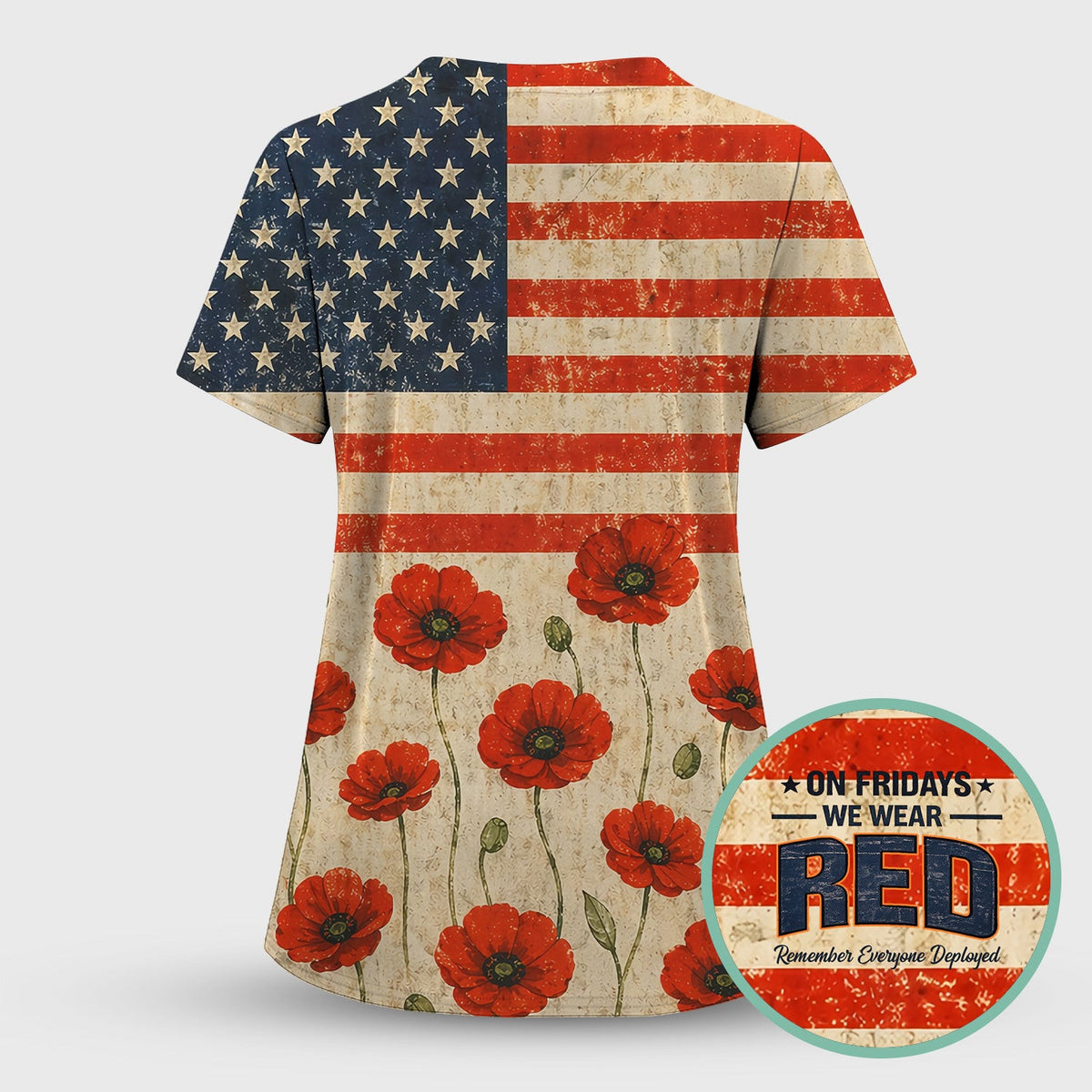 Patriotic American Flag Poppy Flower Pattern Scrub Top, Comfortable Scrubs for Nurses