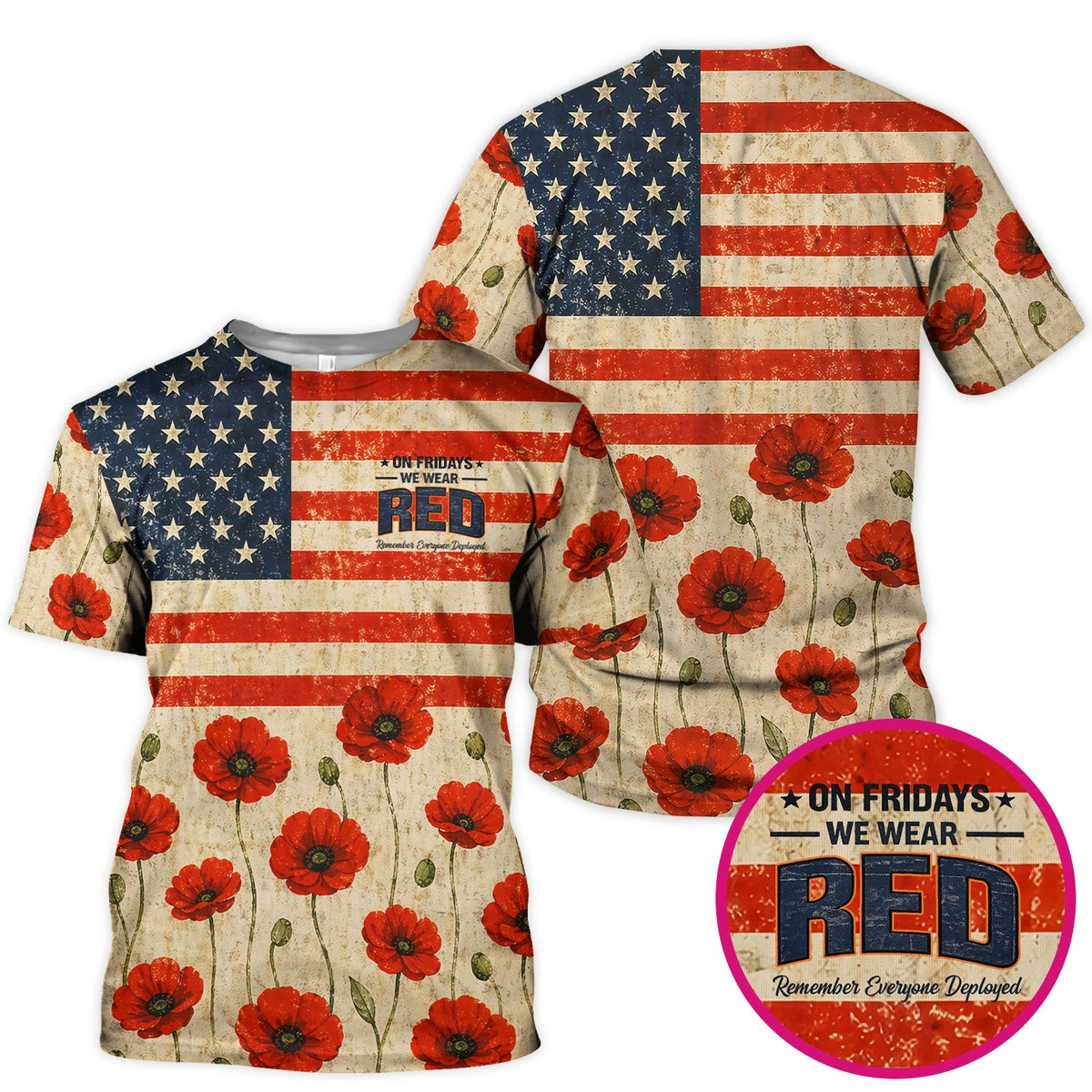 Patriotic American Flag Poppy Flower Pattern Scrub Top, Comfortable Scrubs for Nurses