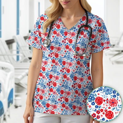 Red Blue Floral Garden Blossom Pattern Scrub Top, Comfortable Scrubs for Nurses
