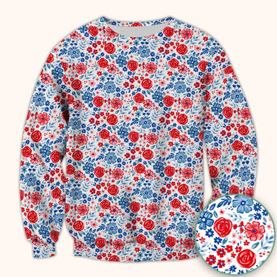Red Blue Floral Garden Blossom Pattern Scrub Top, Comfortable Scrubs for Nurses