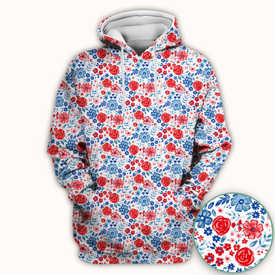 Red Blue Floral Garden Blossom Pattern Scrub Top, Comfortable Scrubs for Nurses