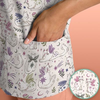 Cute Fairy Cat Moon Star Floral Pattern Scrub Top, Comfortable Scrubs for Nurses