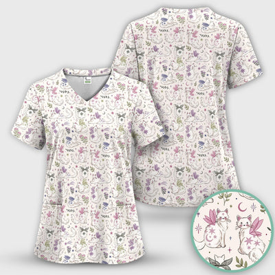 Cute Fairy Cat Moon Star Floral Pattern Scrub Top, Comfortable Scrubs for Nurses