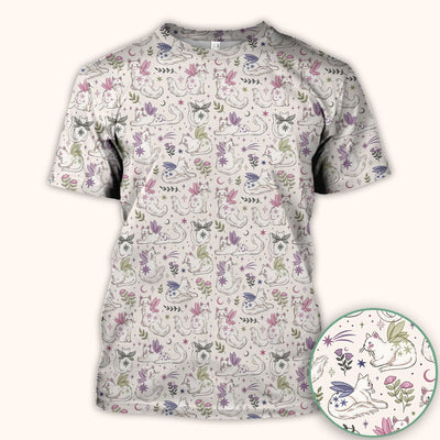 Cute Fairy Cat Moon Star Floral Pattern Scrub Top, Comfortable Scrubs for Nurses
