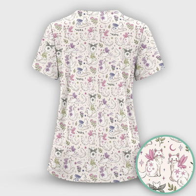 Cute Fairy Cat Moon Star Floral Pattern Scrub Top, Comfortable Scrubs for Nurses