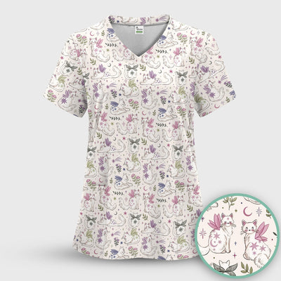 Cute Fairy Cat Moon Star Floral Pattern Scrub Top, Comfortable Scrubs for Nurses