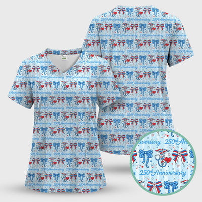 Festive 250th Anniversary Nurse Ribbon Heart Pattern Scrub Top, Comfortable Scrubs for Nurses