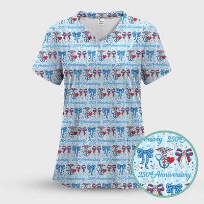 Festive 250th Anniversary Nurse Ribbon Heart Pattern Scrub Top, Comfortable Scrubs for Nurses