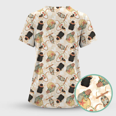 Cute Circus Animal Mouse Acrobat Pattern Scrub Top, Comfortable Scrubs for Nurses