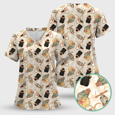 Cute Circus Animal Mouse Acrobat Pattern Scrub Top, Comfortable Scrubs for Nurses