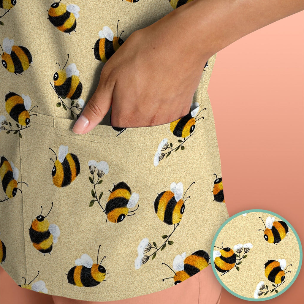 Cute Bumble Bee Blossom Pattern Scrub Top, Comfortable Scrubs for Nurses
