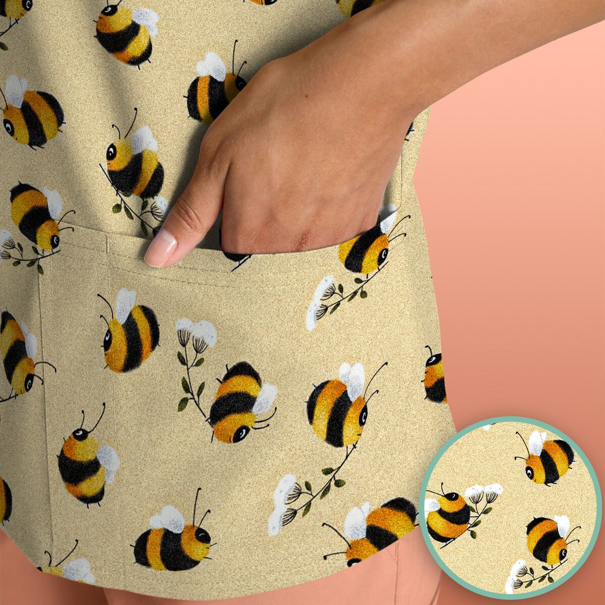 Cute Bumble Bee Blossom Pattern Scrub Top, Comfortable Scrubs for Nurses