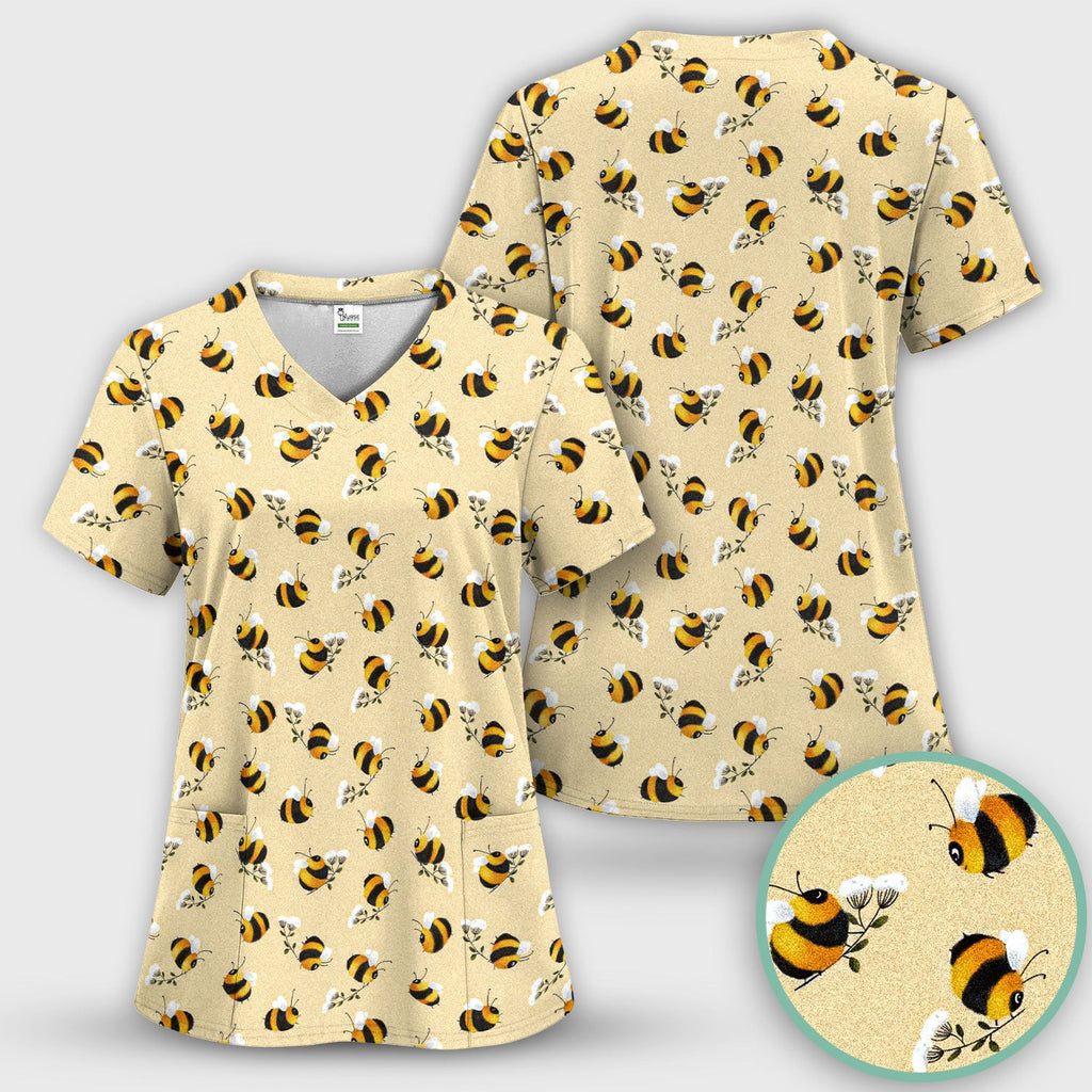 Cute Bumble Bee Blossom Pattern Scrub Top, Comfortable Scrubs for Nurses
