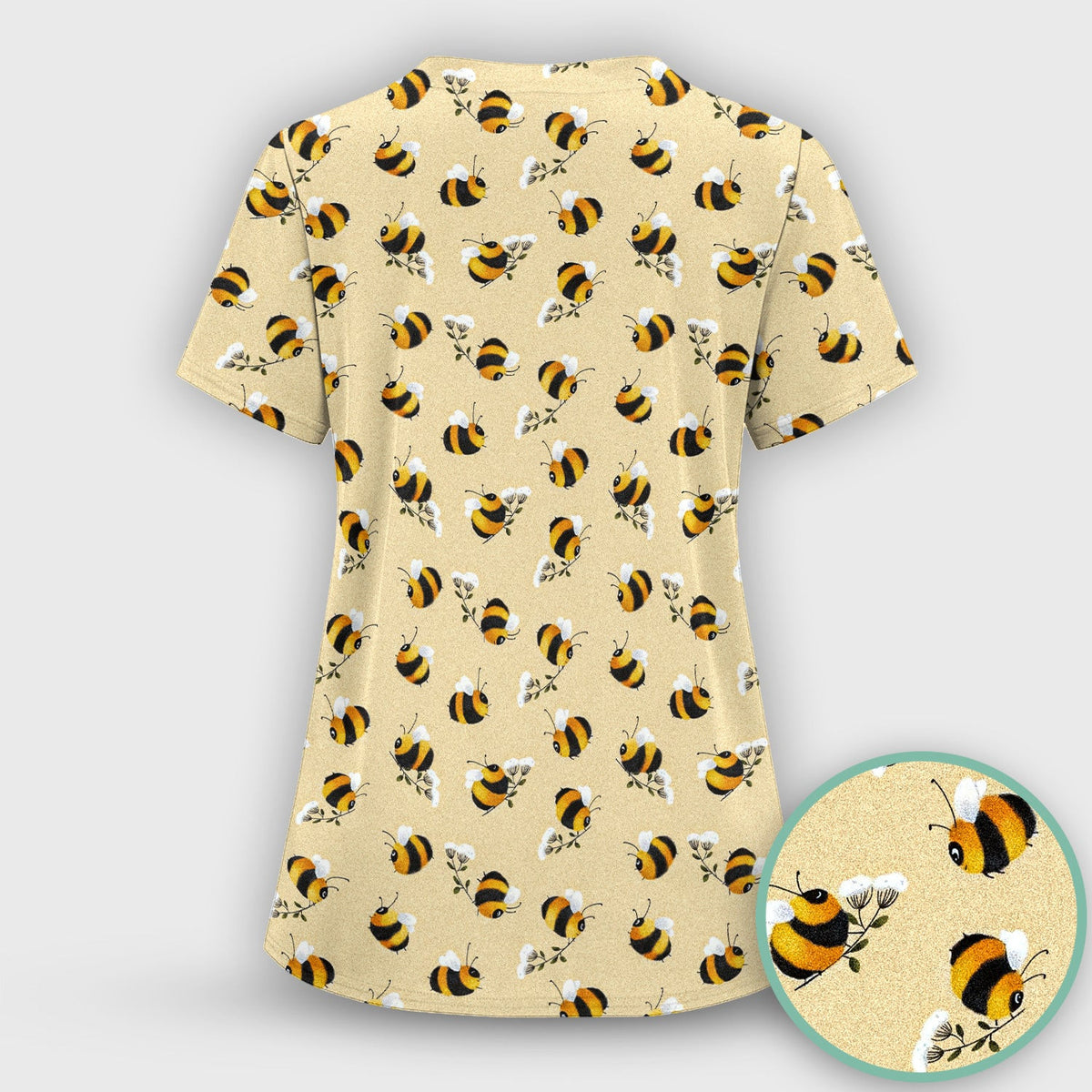 Cute Bumble Bee Blossom Pattern Scrub Top, Comfortable Scrubs for Nurses