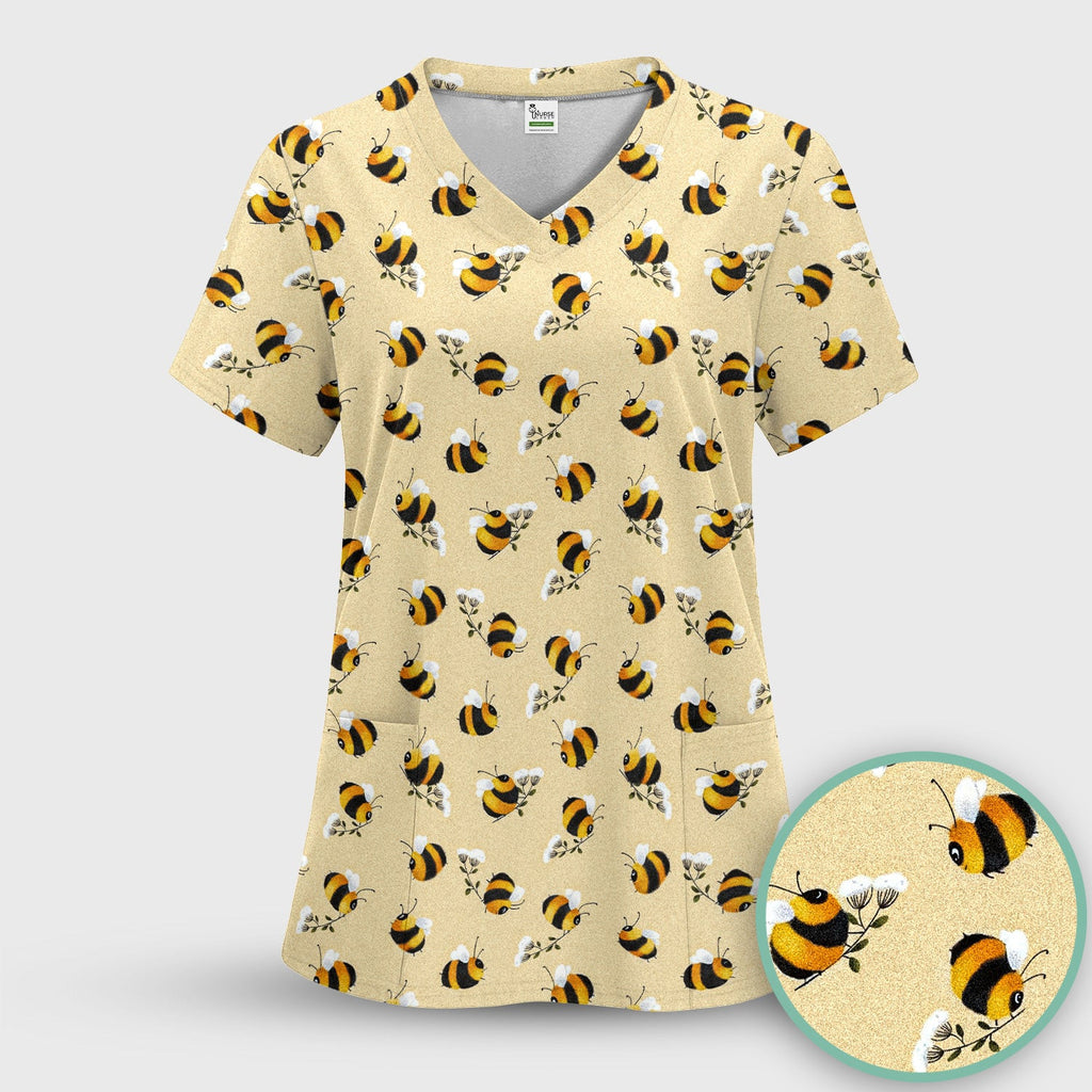 Cute Bumble Bee Blossom Pattern Scrub Top, Comfortable Scrubs for Nurses