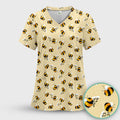 Cute Bumble Bee Blossom Pattern Scrub Top, Comfortable Scrubs for Nurses