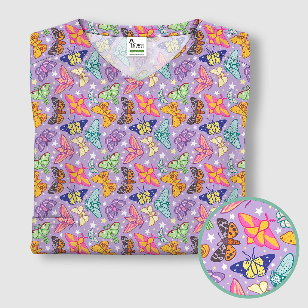 Colorful Butterfly Moth Garden Pattern Scrub Top, Comfortable Scrubs for Nurses