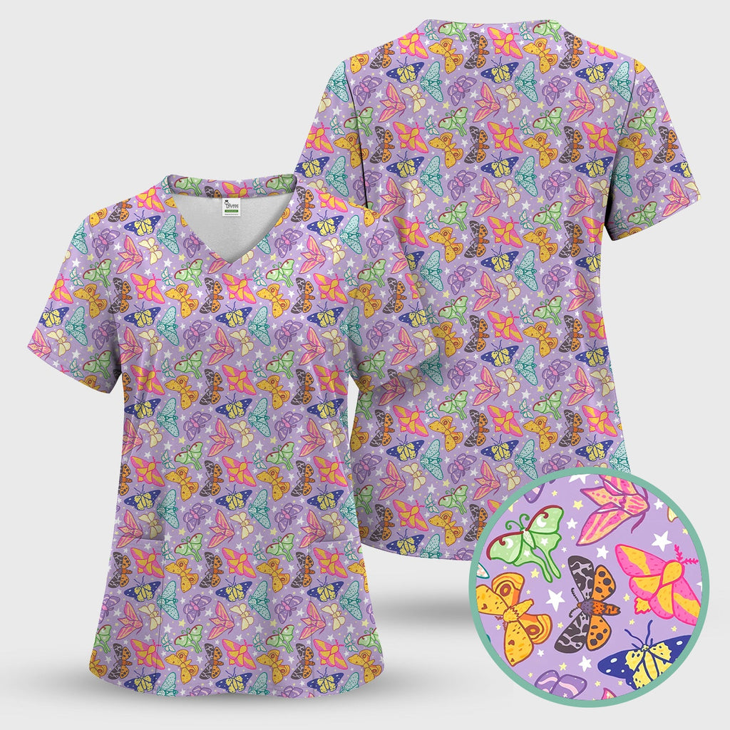 Colorful Butterfly Moth Garden Pattern Scrub Top, Comfortable Scrubs for Nurses