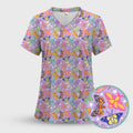 Colorful Butterfly Moth Garden Pattern Scrub Top, Comfortable Scrubs for Nurses