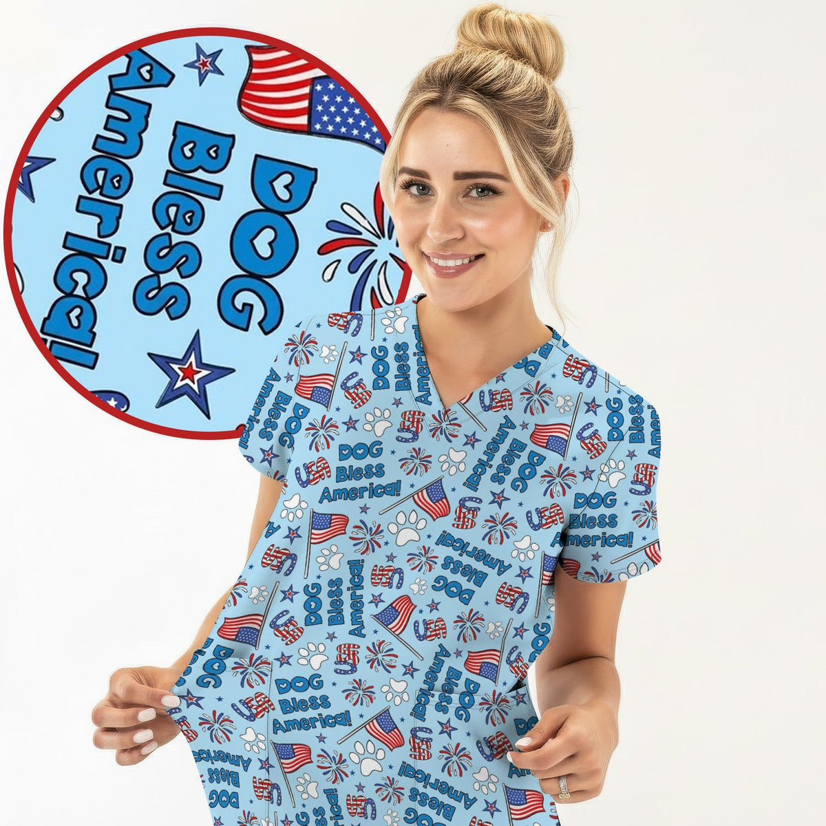 Funny Patriotic Dog Bless America Flag Pattern Scrub Top, Comfortable Scrubs for Nurses