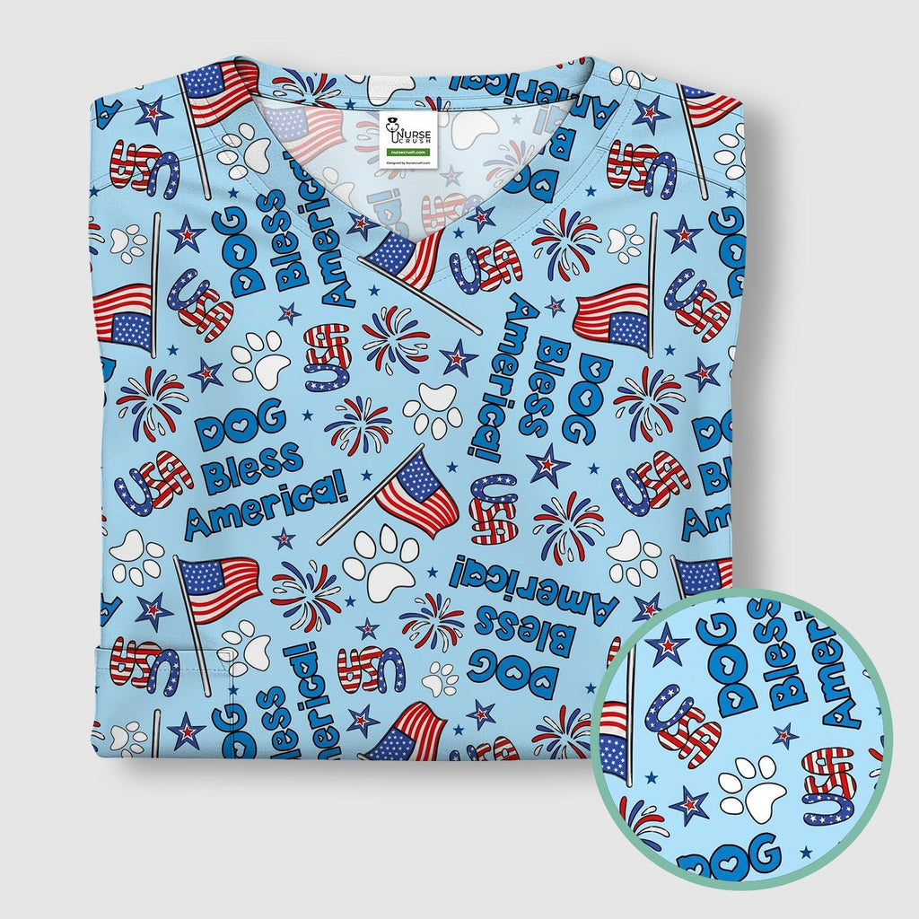 Funny Patriotic Dog Bless America Flag Pattern Scrub Top, Comfortable Scrubs for Nurses
