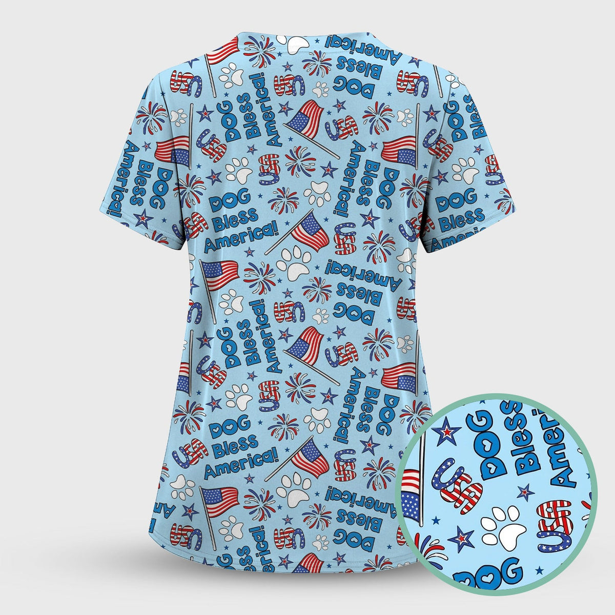 Funny Patriotic Dog Bless America Flag Pattern Scrub Top, Comfortable Scrubs for Nurses