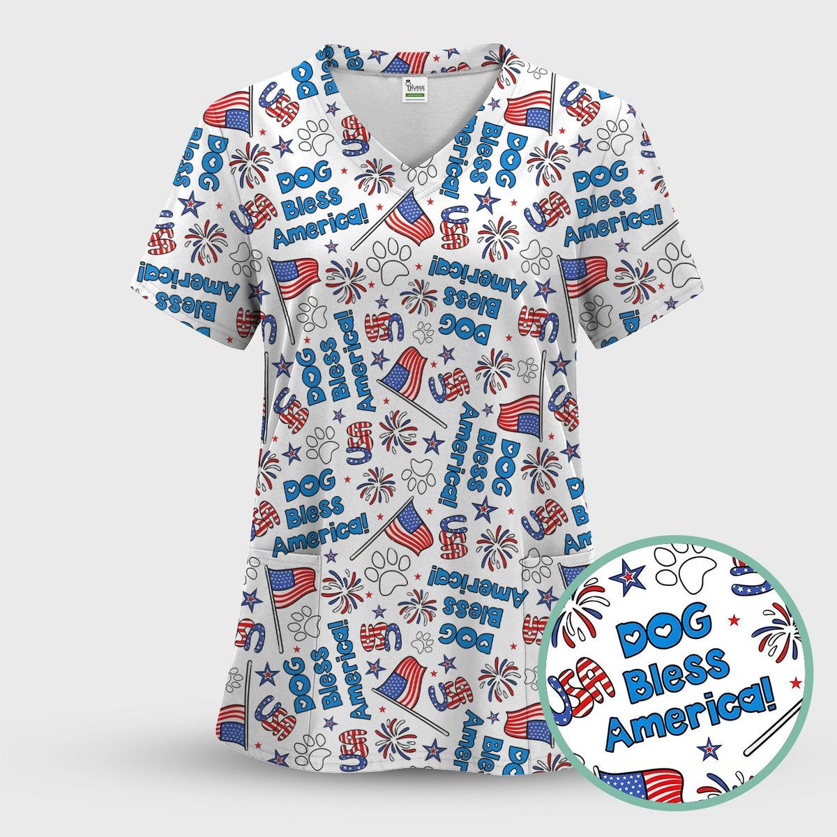 Funny Patriotic Dog Bless America Flag Pattern Scrub Top, Comfortable Scrubs for Nurses