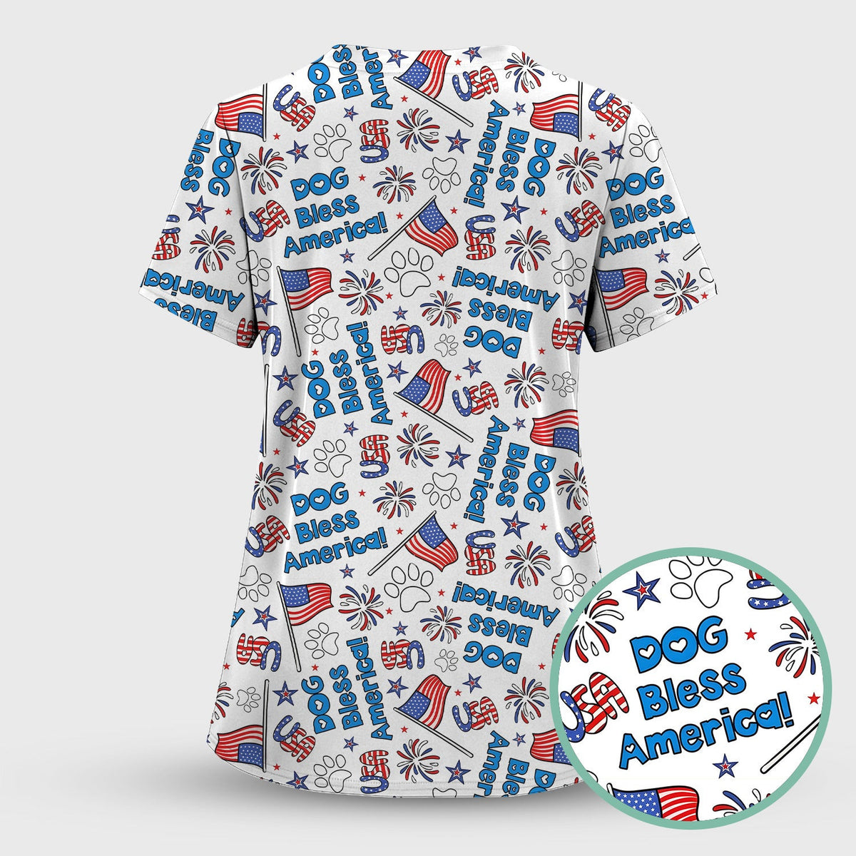Funny Patriotic Dog Bless America Flag Pattern Scrub Top, Comfortable Scrubs for Nurses