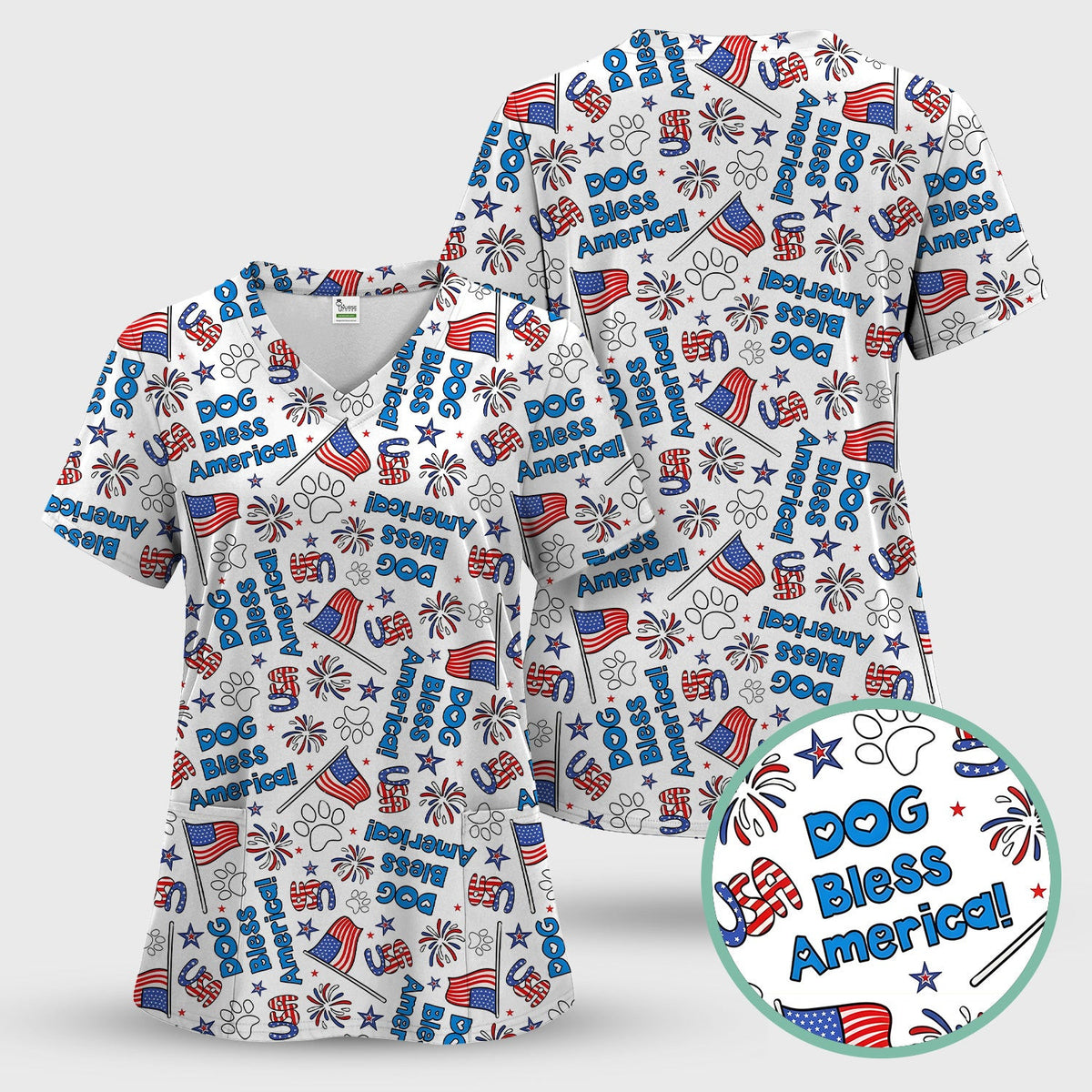 Funny Patriotic Dog Bless America Flag Pattern Scrub Top, Comfortable Scrubs for Nurses