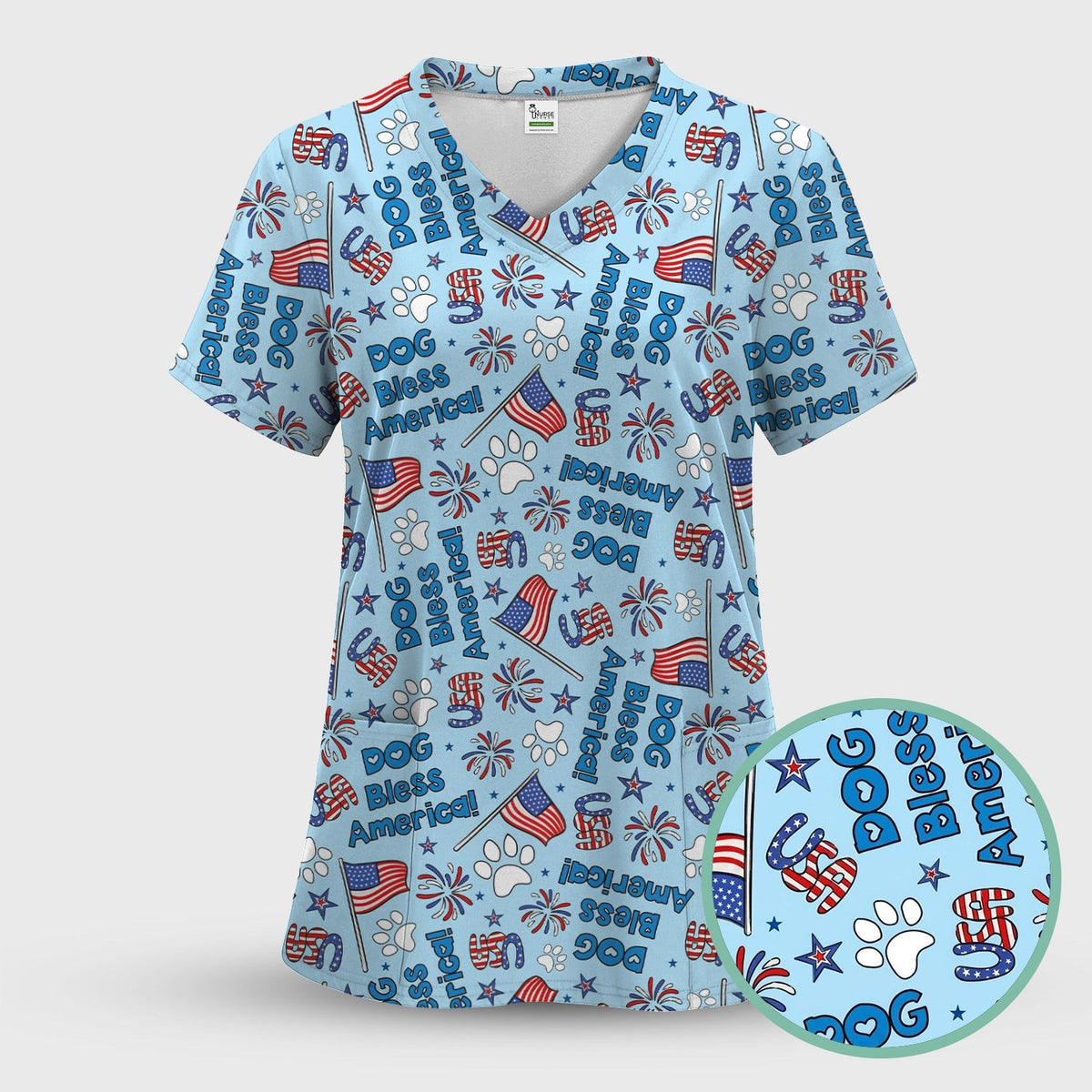 Funny Patriotic Dog Bless America Flag Pattern Scrub Top, Comfortable Scrubs for Nurses