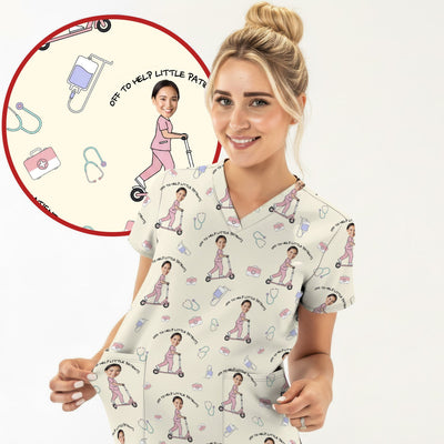 Custom Face Pediatric Nurse Scooter Pattern Scrub Top, Comfortable Scrubs for Nurses
