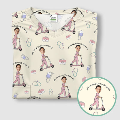 Custom Face Pediatric Nurse Scooter Pattern Scrub Top, Comfortable Scrubs for Nurses
