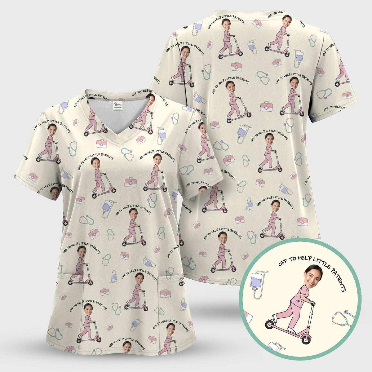 Custom Face Pediatric Nurse Scooter Pattern Scrub Top, Comfortable Scrubs for Nurses
