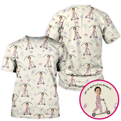 Custom Face Pediatric Nurse Scooter Pattern Scrub Top, Comfortable Scrubs for Nurses