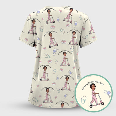 Custom Face Pediatric Nurse Scooter Pattern Scrub Top, Comfortable Scrubs for Nurses