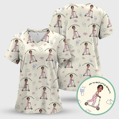 Custom Face Pediatric Nurse Scooter Pattern Scrub Top, Comfortable Scrubs for Nurses