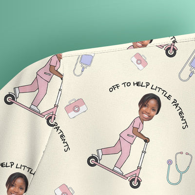 Custom Face Pediatric Nurse Scooter Pattern Scrub Top, Comfortable Scrubs for Nurses