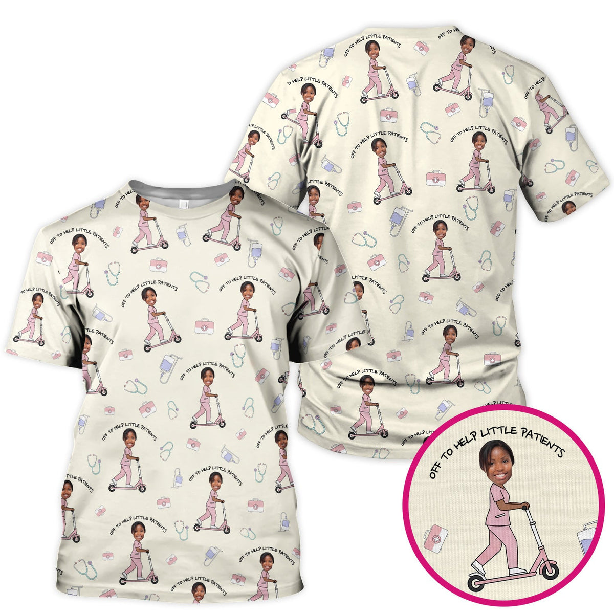 Custom Face Pediatric Nurse Scooter Pattern Scrub Top, Comfortable Scrubs for Nurses