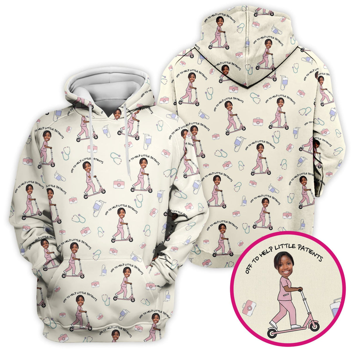 Custom Face Pediatric Nurse Scooter Pattern Scrub Top, Comfortable Scrubs for Nurses