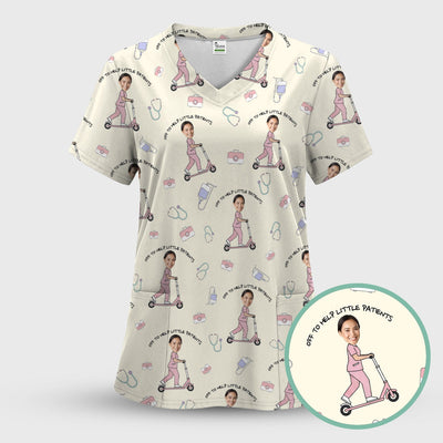 Custom Face Pediatric Nurse Scooter Pattern Scrub Top, Comfortable Scrubs for Nurses