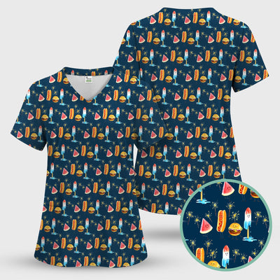 Funny Summer Food Icons Pattern Scrub Top, Comfortable Scrubs for Nurses