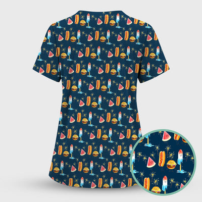 Funny Summer Food Icons Pattern Scrub Top, Comfortable Scrubs for Nurses