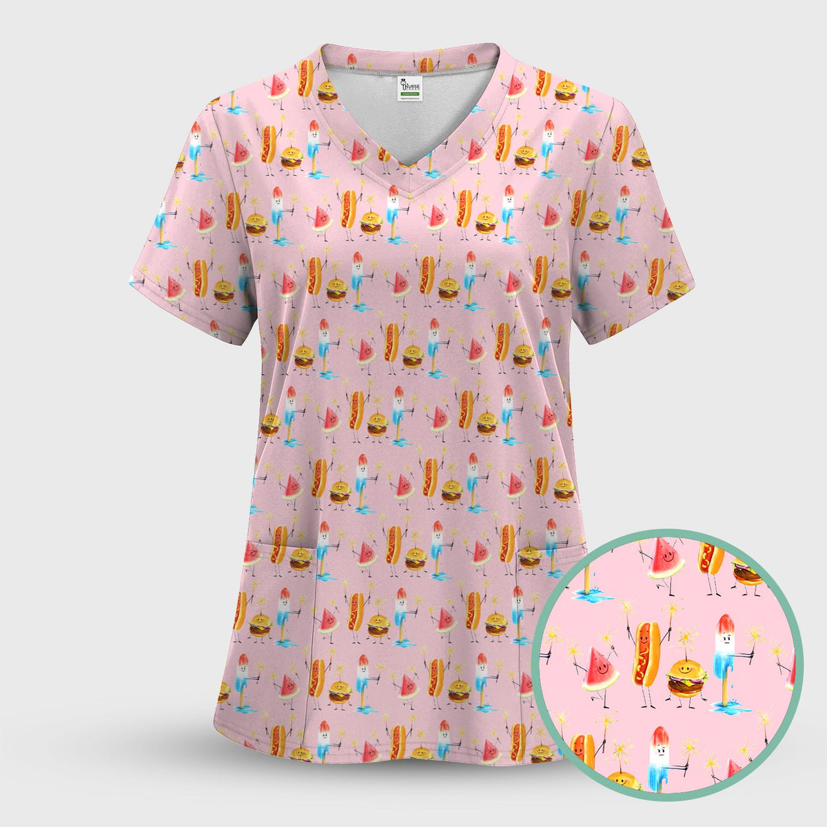 Funny Summer Food Icons Pattern Scrub Top, Comfortable Scrubs for Nurses