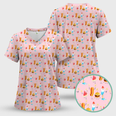 Funny Summer Food Icons Pattern Scrub Top, Comfortable Scrubs for Nurses