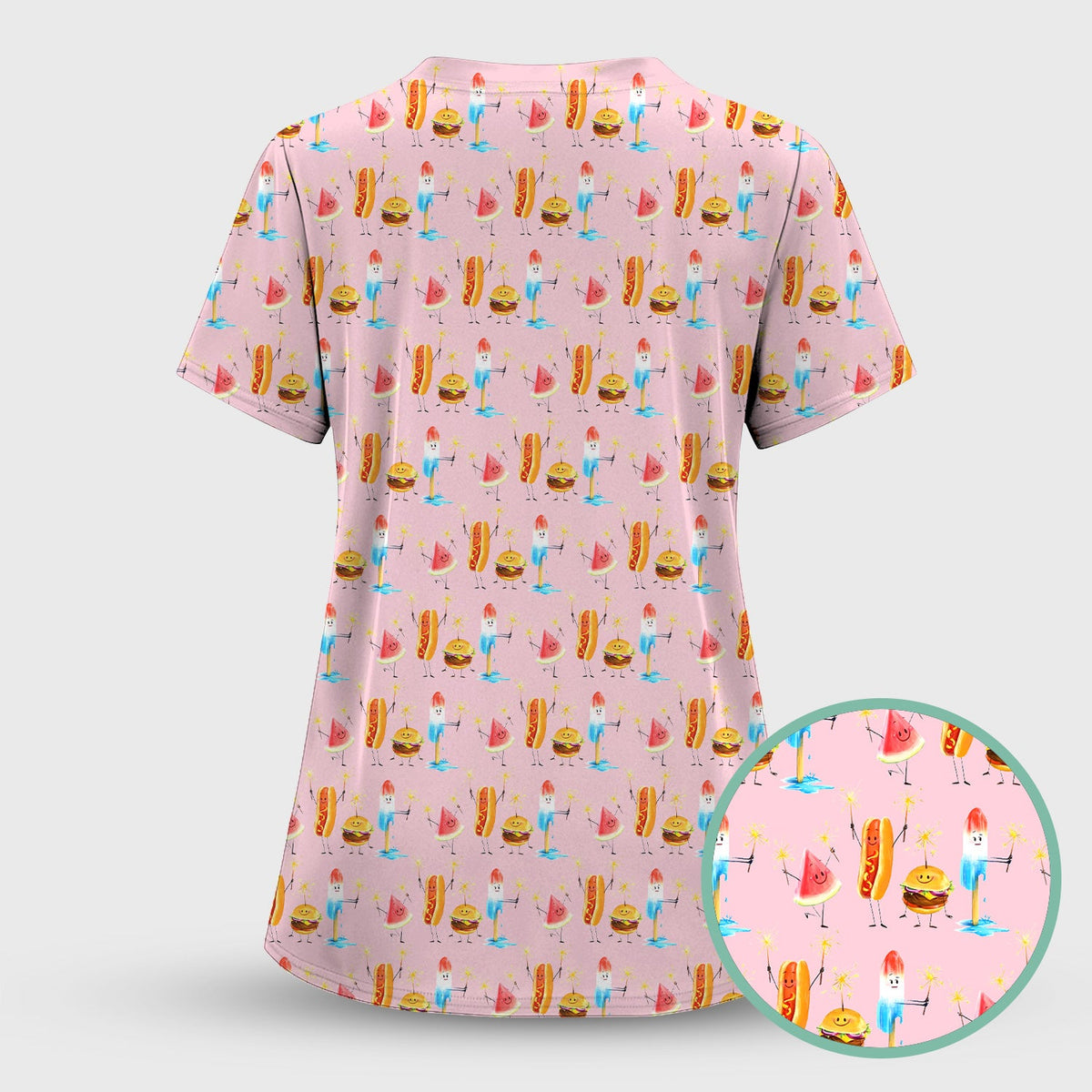 Funny Summer Food Icons Pattern Scrub Top, Comfortable Scrubs for Nurses