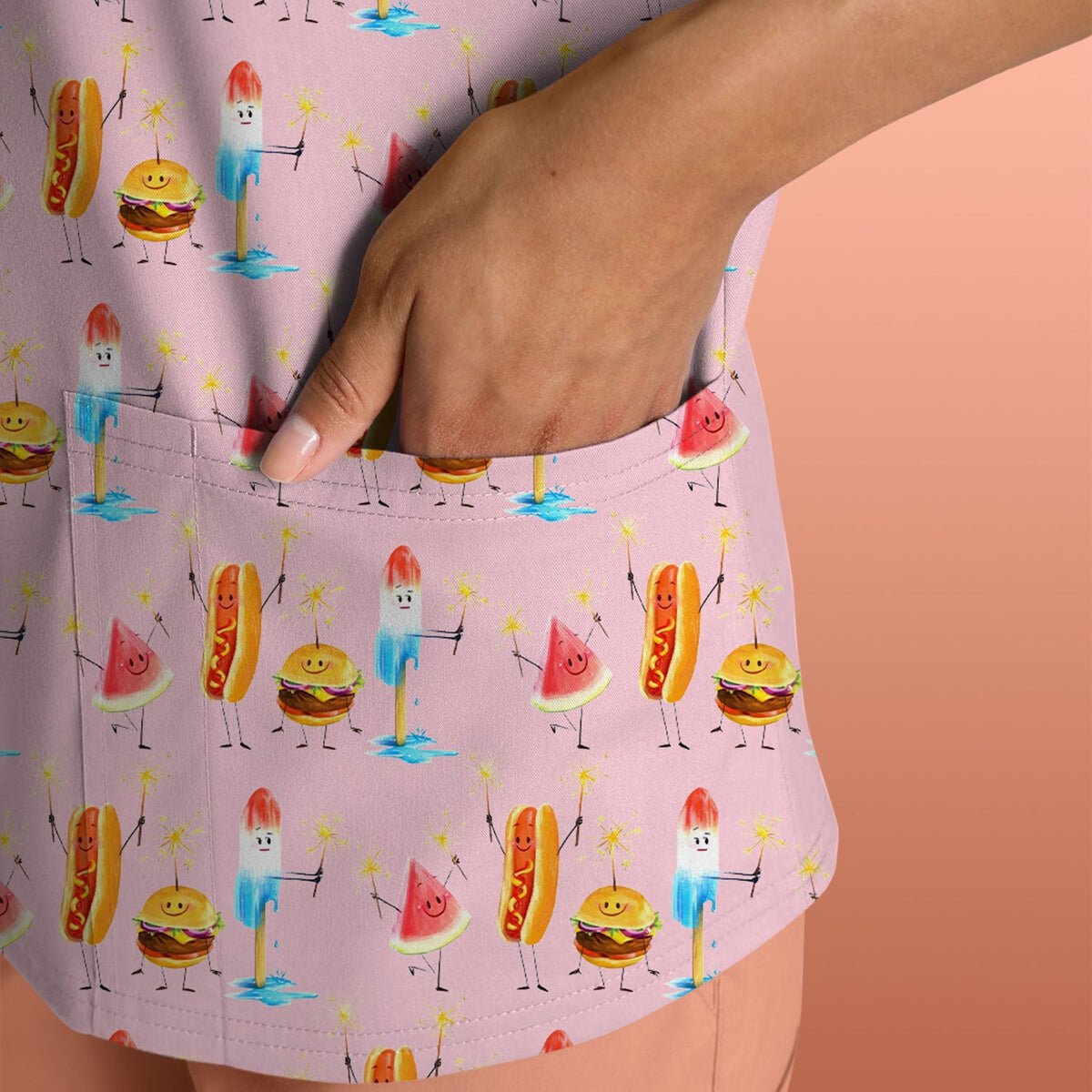 Funny Summer Food Icons Pattern Scrub Top, Comfortable Scrubs for Nurses