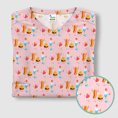 Funny Summer Food Icons Pattern Scrub Top, Comfortable Scrubs for Nurses