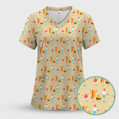 Funny Summer Food Icons Pattern Scrub Top, Comfortable Scrubs for Nurses