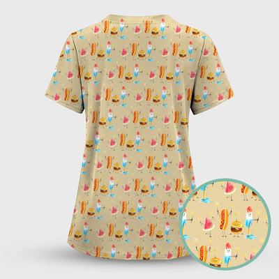 Funny Summer Food Icons Pattern Scrub Top, Comfortable Scrubs for Nurses